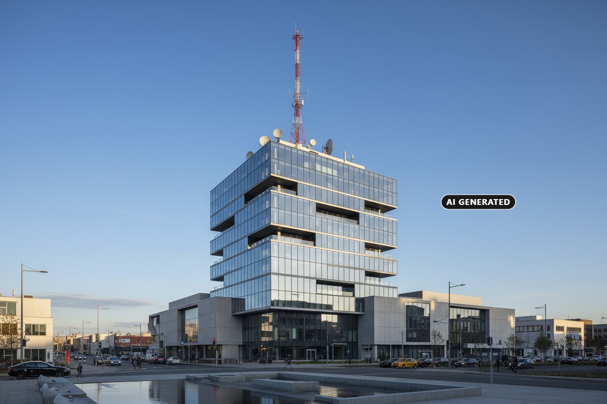 A modern glass-paneled skyscraper with staggered offset floors stands against a clear blue sky, featuring a tall red and white communications tower on its roof. (AI-generated)